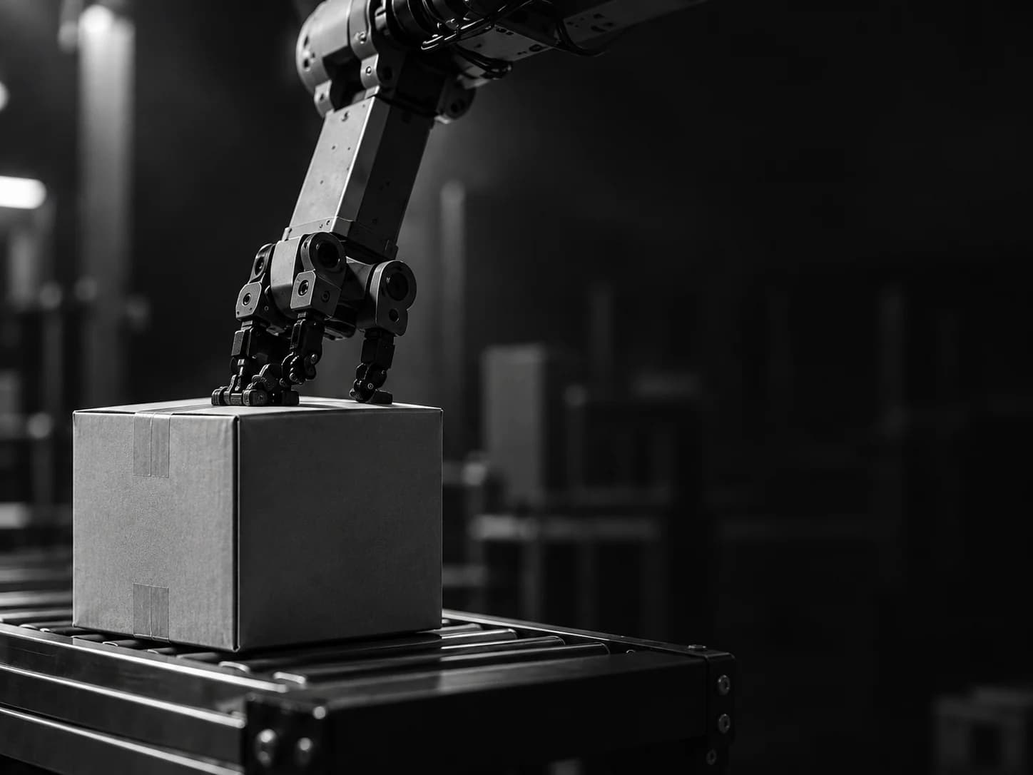 Illustration of a robotic arm handling a package; not proof footage